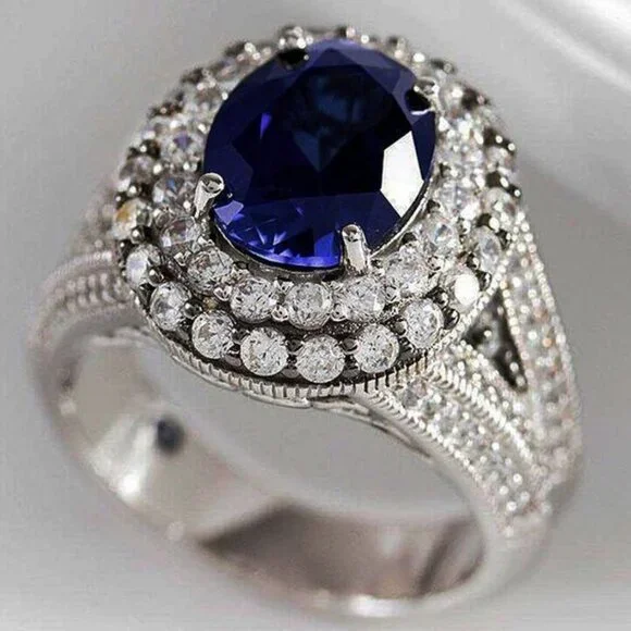 ▶Silver Plated Royal Blue CZ Wedding/Engagement Ring for Women, K973